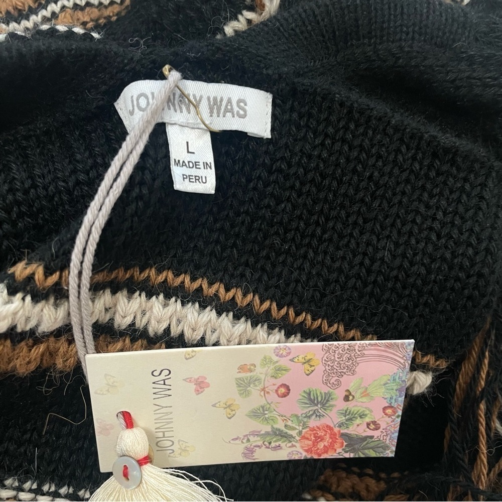 Johnny Was Ada Striped Cardigan Black Striped Fringe Alpaca Wool Size Large - Picture 7 of 9